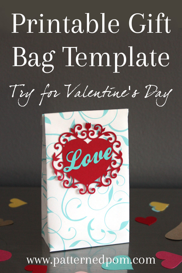 Get your free paper gift bag pattern and exclusive teal colored vine pattern for printing. The DIY printable one sheet of paper gift bag template and tutorial are perfect for small valentine's day gifts or an a alternate way to give a gift card. Includes ideas for dressing up the package with svg cutting files and what to include as a valentine's day treat in the small package.