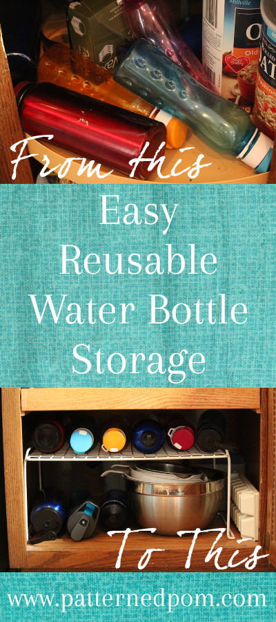 Easy Storage Solution for Reusable Large Sports Bottles. Before and after organizing large water bottles in the kitchen cabinet