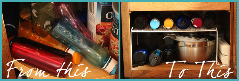Before and after organizing large water bottles in the kitchen cabinet for storage. 