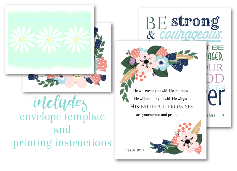Freebie printable greeting cards with spring flowers and encouraging scriptures. 8 printable cards total over 4 US Letter size paper or cardstock.
